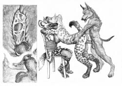 african_wild_dog anatomically_correct anatomically_correct_genitalia anatomically_correct_penis anthro ball_gag balls bodily_fluids bondage bondage bound breasts canid canine canis chair chair_bondage cuckold cum cum_in_pussy cum_inside doggy_style female from_behind_position furniture gag genital_fluids genitals group hex_(satanic-furry) hi_res hyena jackal male male/female mammal medium_story momamo nipples penetration penis piercing pussy sex spotted_hyena story trio vaginal_penetration vaginal_penetration