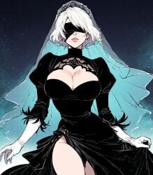 ai_generated cleavage massive_breasts nier:_automata saucy_trove stable_diffusion tagme veil wedding_dress white_hair yorha_2b