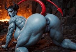 ai_generated armor big_anus big_ass black_hair blue_anus blue_pussy blue_skin dat_ass demon_girl demon_tail donut_anus dungeons_and_dragons female female_only horns leather_armor makeup muscular_female nude_female presenting_anus presenting_ass puffy_anus tail thick_thighs tiefling