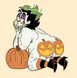 ass_focus beetlebitties3 beetlejuice beetlejuice_(character) body_paint body_writing fat_man green_hair green_skin halloween male male_only no_visible_genitalia pumpkin_butt sharp_teeth