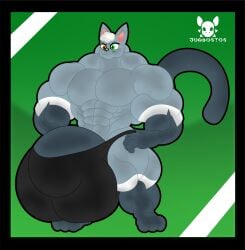 abs animal_crossing anthro balls big_balls bulge clothed clothing detailed_bulge domestic_cat felid feline felis fur genitals green_eyes grey_body grey_fur hair heterochromia hi_res hyper hyper_genitalia jdbo-arts male mammal muscular nintendo partially_clothed pecs raymond_(animal_crossing) solo stronger tail underwear