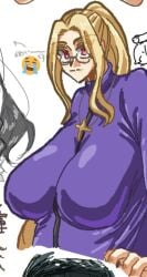 alternate_costume alternate_hairstyle belly big_breasts blonde_hair blush breasts breasts_bigger_than_head chonky chubby chubby_female clothed cross cross_necklace crying_emoji doodle drawpile dress genderswap_(mtf) glasses huge_breasts jewelry large_breasts looking_at_viewer maharirisu7318 melty_blood michael_roa_valdamjong necklace plump priest red_eyes rule_63 sketch solo tsukihime tummy type-moon vampire