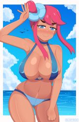 beach bikini blue_eyes bluefrok blush blush female female_only pokemon pokemon_bw ponytail red_hair skyla_(pokemon) tagme