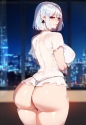 1girls ai_generated ass big_ass fat_ass floox g_string girls'_frontline huge_breasts inviting_to_sex light-skinned_female light_skin looking_at_viewer massive_ass nightgown nipples_visible_through_clothing pale-skinned_male pale_skin pawg penthouse pinup purple_eyes rpk-16_(girls'_frontline) see-through_clothing short_hair silver_hair solo solo_female wide_ass