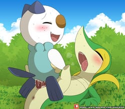 1boy 1girls 2019 anus blush bodily_fluids closed_eyes cloud cowgirl_position cum cum_in_pussy cum_inside cum_on_penis cum_on_vagina digital_media_(artwork) duo female female_penetrated feral freckles genital_fluids grass hi_res male male_penetrating nintendo open_mouth original_character oshawott otter outside patreon penetration penis pokemon pokemon_(species) pokemon_bw pussy saliva sex sky snake snivy tongue tongue_out url vaginal_penetration video_games winick-lim