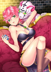 2girls armpits breasts couch female female_only green_eyes human humanoid jojo's_bizarre_adventure light-skinned_female light_skin pink_hair pink_skin short_hair shounen_jump spice_girl stand_(jjba) toned toned_female trish_una uzura_(moimoi) vento_aureo