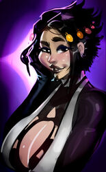 big_breasts black_lipstick breasts cleavage_cutout dark_hair female hand_on_face magic_the_gathering smile teysa_karlov