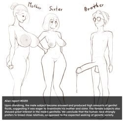 1boy alien_abduction baldgaben biting_lip blush brother brother_and_sister experiment large_breasts mother mother_and_son nude precum precum_drip sister sketch text