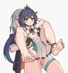 1futa 1girls anklet armpits barefoot black_gloves black_jacket blue_hair blush breasts censored chinese_clothes earrings female flaccid futa_on_female futa_with_female futanari gloves gold_choker grey_hair hair_ornament headpiece height_difference highres honkai:_star_rail honkai_(series) human jacket jewelry june_(z50215z) light-skinned_female light-skinned_futanari light_skin long_hair low_twintails midriff mosaic_censoring multiple_girls navel penis precum red_nails reverse_suspended_congress skirt small_breasts spread_legs stelle_(honkai:_star_rail) strapless thigh_strap thighs trailblazer_(honkai:_star_rail) tube_top twintails upright_straddle yellow_eyes young yunli_(honkai:_star_rail)