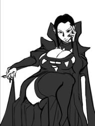 bored breasts cleavage_cutout dark_hair magic_the_gathering monochrome piercing sitting teysa_karlov thighhighs