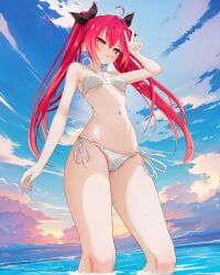 1girls 2d 2d_(artwork) ass bikini breasts date_a_live itsuka_kotori light-skinned_female long_hair red_eyes ribbon sea sky small_breasts solo solo_female thighs twintails