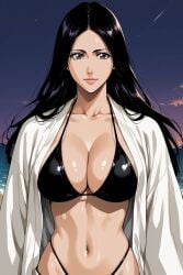 1girls ai_generated belly_button big_breasts bikini black_hair bleach large_breasts light-skinned_female light_skin long_hair looking_at_viewer mature_female midriff navel solo solo_female trj unohana_retsu