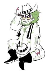 beetlebitties3 beetlejuice beetlejuice_(character) cowboy_boots cowboy_hat cowboy_outfit fat_man green_hair green_skin male male_only sharp_teeth tentacle_dick tentadick