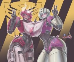 2girls arcee big_breasts biting_own_lip blush blushing breast-to-breast breasts breasts_out breasts_to_breasts breasts_together busty civilcrackhead elita_one female female_focus hourglass_figure huge_breasts looking_at_viewer multiple_girls nipples peace_sign robot robot_girl robot_pussy transformers transformers_one