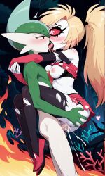 ai_generated big_eyelashes black_lips black_lipstick blonde_hair blushing_face cartoony cherri_bomb cherri_bomb_(hazbin_hotel) coral_pink_hair cyclops demon demon_girl devil_girl eye_contact fangs female flame freckles french_kiss french_kissing gallade hazbin_hotel heels holding_ass holding_shoulder hug kissing kissing_tongue kissing_while_penetrated male male/female male_pokemon multicolored_hair nintendo pale_skin pokemon pokemon_(species) pokephilia ponytail pussy red_eyes sharp_teeth short_skirt stand_and_carry_position torn_clothes vaginal vaginal_penetration vaginal_sex white_skin x_eyes