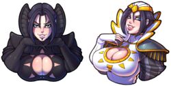 black_clothing black_lipstick blue_eyes breasts bust chin_piercing cleavage cleavage_cutout dark_hair demien evil_smile female magic_the_gathering piercings shoulder_pads sidelocks smile teysa_karlov white_background white_clothing