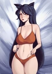 ahri animal_ears bangs bare_shoulders big_breasts black_hair bra breasts cleavage default_ahri facial_markings fox fox_ears fox_girl hair large_breasts league_of_legends lipstick long_hair midriff orange_eyes panties riot_games satelyte thick_thighs thighs underwear very_long_hair whisker_markings yellow_eyes