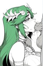 1boy 1girls ai_generated balls blowjob green_hair kid_icarus massive_breasts oral palutena saliva saucy_trove stable_diffusion veiny_penis