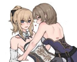 2girls blonde blonde_female blonde_hair blonde_hair_female blue_eyes female/female female_only genshin_impact green_eyes hoyoverse jean_gunnhildr lesbian lisa_(genshin_impact) looking_at_viewer looking_back mihoyo nervous seductive seductive_look white_background yuri