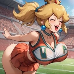 ai_generated big_breasts blonde_hair cheerleader cheerleader_uniform closed_eyes crown earrings football_field happy large_breasts mario_(series) ponytail princess_peach smile stadium_background u.a._cheerleader_outfit