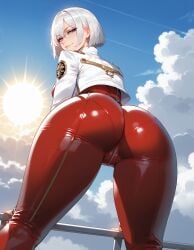 ai_generated ass ass_focus big_ass blue_eyes latex_clothing looking_at_viewer looking_back original_character solo tagme thick_thighs uniform white_hair