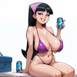 ai_generated bikini black_hair blue_eyes breasts_bigger_than_head eyeshadow holding_object huge_breasts long_hair looking_at_viewer nickelodeon nicktoons smile stable_diffusion sweat sweaty_body the_fairly_oddparents trixie_tang