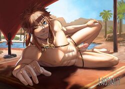 1boy abs blue_eyes breath_of_the_wild desert erection gerudo_link grin laosmut laovaan link link_(breath_of_the_wild) looking_at_viewer lying_on_side male_only muscular nintendo nude oasis on_side one_eye_closed outdoors palm_tree penis pointy_ears pose presenting rug smile solo the_legend_of_zelda uncensored water