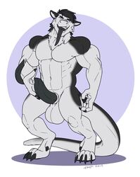 anthro balls big_balls bodily_fluids erection genital_fluids hi_res kenjin long_penis looking_at_viewer male male_only muscular muscular_male open_mouth penis precum sergal solo standing tapering_penis tongue tongue_out