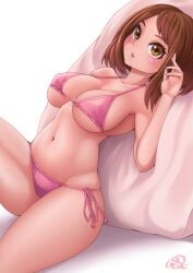 armpits ass_visible_through_thighs bare_arms bare_belly bare_legs bare_shoulders bare_thighs belly_button big_breasts bikini blush breasts brown_eyes brown_hair cleavage collarbone micro_bikini my_hero_academia ochako_uraraka parted_lips pink_bikini rocky_and_bullwinkle short_hair side-tie_bikini_bottom sideboob thick_thighs thighs underboob