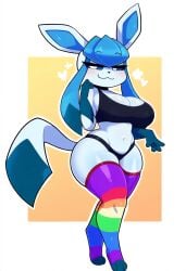 absurd_res ai_generated anthro anthrofied big_breasts blue_body blue_eyes blush bra breasts canid cleavage clothed clothing eeveelution female generation_4_pokemon glaceon heart hellsonger hi_res legwear looking_at_viewer mammal narrowed_eyes navel nintendo panties pokemon pokemon_(species) pokemorph simple_background smile solo stockings thick_thighs thigh_highs underwear wide_hips