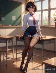 ai_generated arms_behind attack_on_titan black_hair black_heels black_pantyhose black_skirt blackboard blue_eyes blush bob_cut classroom curvy day desk female fit fit_female hair_between_eyes heels highres hourglass_figure indoors large_breasts leaning leaning_back leaning_on_object lips looking_at_viewer mikasa_ackerman on_desk pantyhose pleated_skirt qwertart red_tie school school_uniform schoolgirl slim smile solo sunlight tagme teeth tie white_shirt wide_hips