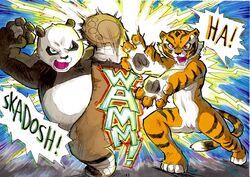 2014 anthro better_late_than_never comic daigaijin dreamworks duo felid female fur giant_panda kung_fu_panda male mammal master_po_ping master_tigress multicolored_body multicolored_fur muscular nude open_mouth painting_(artwork) pantherine pussy text tiger traditional_media_(artwork) ursid watercolor_(artwork)