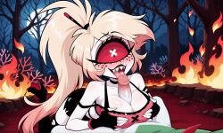 ai_generated blonde_hair blowjob boobjob breast_rub breasts cartoony cherri_bomb cherri_bomb_(hazbin_hotel) coral_pink_hair cyclops demon demon_girl devil_girl fangs fellatio female flame freckles gallade hazbin_hotel heels licking_penis male male/female male_pokemon multicolored_hair nintendo oral oral_sex paizuri paizuri_under_clothes pale_skin penis pokemon pokemon_(species) pokephilia ponytail red_eyes sharp_teeth short_skirt titfuck titjob torn_clothes white_skin x_eyes