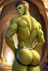 ai_generated ass back biceps black_hair blush gay green_skin jockstrap jockstrap_only looking_at_viewer looking_back male male_only muscular muscular_male nude_male orc orc_male original original_character smile toned_body toned_male twall97 undercut