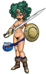 areolae assisted_exposure big_hair blue_eyes blush breasts dragon_quest dragon_quest_iv drooling earrings edit embarrassed female female_focus green_hair heroine_(dq4) holding holding_weapon jewelry korido looking_down nipples nude open_mouth panties panty_pull pubic_hair pussy saliva shield shoes short_green_hair slime slime_(dragon_quest) small_breasts socks square_enix sword tiara undressing