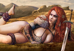 1girls armband armlet barbarian barefoot big_breasts bikini_armor breasts brown_eyes busty cape chainmail chainmail_bikini chezarina cleavage conan_the_barbarian_(series) dirty_feet dirty_soles dynamite_comics earrings female female_only fur_cape g-string large_breasts long_hair pinup red_hair red_sonja red_sonja_(comics) solo sword tentacle thick_thighs thong waking_up warrior wide_hips