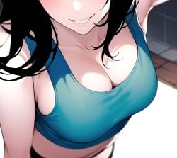 ai_generated big_breasts black_hair bra breasts crop_top female mei_(overwatch) navel necklace paizuri sexy smile sports_bra waist white_skin