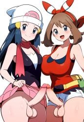 2futas ai_generated big_penis breasts_squeezed_together dawn_(pokemon) futanari huge_breasts may_(pokemon) penis_out pokemon smiling thedawn_hikari