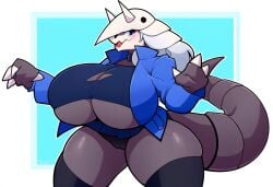 aggron ai_generated anthro big_breasts black_clothing blue_eyes blush bottomwear breasts camel_toe claws cleavage clothed clothing curvy_figure dragon female fingers generation_3_pokemon hellsonger hi_res horn huge_breasts jacket legendary_pokemon legwear looking_at_viewer nintendo non-mammal_breasts pokemon pokemon_(species) pokemorph simple_background skirt solo thick_thighs thigh_highs tongue topwear voluptuous white_body white_hair white_horn wide_hips