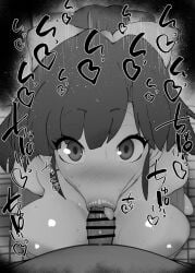 1boy 1girls :>= areola_slip bare_shoulders big_breasts big_penis black_and_white blowjob blush censored dark-skinned_male dark_skin detailed_background drooling eyelashes fellatio female heart human indoor indoors kurotama long_hair looking_at_viewer male male_pov oral oral_sex pov ranma_1/2 ribbon saliva shiny shiny_skin sketch sound_effects squatting text tongue_out ukyo_kuonji vein veins veiny veiny_penis