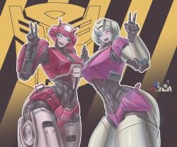 2girls arcee civilcrackhead elita_one female female_focus multiple_girls peace_sign robot robot_girl transformers transformers_one wink winking_at_viewer