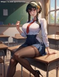 ai_generated bangs black_hair black_heels black_pantyhose blackboard blue_skirt blue_tie chainsaw_man classroom curvy desk female fit fit_female heels highres hourglass_figure indoors large_breats lips looking_at_viewer narrow_waist on_desk pantyhose pleated_skirt qwertart red_eyes school school_uniform schoolgirl shirt sitting slim slim_waist smile solo spy_x_family tagme teeth tie white_shirt wide_hips yor_briar