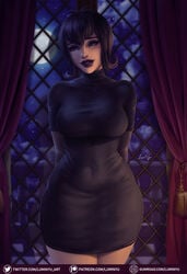 1girls arms_behind_back big_breasts black_dress black_hair black_lipstick breasts clothed_female curvy dark_hair dress female female_focus female_only goth hair hartman_hips hips hotel_transylvania lipstick looking_at_viewer luminyu makeup mavis_dracula monster_girl short_hair solo tight_dress turtleneck turtleneck_dress vampire