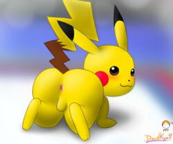 1boy 2019 :3 all_fours anus ass barefoot big_ass blush brown_eyes brown_fur davidkyatt eye_contact feet feral furry looking_at_viewer looking_back male nintendo pikachu pokémon_(species) pokemon pokemon_rgby rodent solo source_request tail testicles text thick_thighs video_games watermark wide_hips yellow_fur