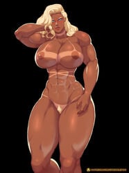 1girls abs areolae big_breasts blonde_hair blue_eyes breasts character_sheet dark-skinned_female dark_skin female female_only hair large_breasts long_hair muscles muscular muscular_female nipples nude pubic_hair solo sprinklepoo tan tanline text url watermark