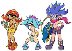 1boy 2girls areolae belt big_ears bike_shorts black_sclera blue_eyes blue_hair boots bracelet breasts clawitzer crossover dark-skinned_female dark_skin edit evil_smile eye_contact eyelashes female fingerless_gloves fish fusion goggles grin group gun hair half-closed_eyes hand_on_hip hand_on_hips highres holding holding_weapon hybrid legs long_hair looking_at_viewer looking_away malamar_(cosplay) male mareanie_(cosplay) nintendo nipples octillery_(cosplay) octoling open_mouth orange_hair original_character pointy_ears pokemon pokemon_(species) pokemon_gsc pokemon_sm pokemon_xy pose red_hair remoraid scarf sharp_teeth shirtless shoes shorts simple_background small_breasts smile spiked_hair spikes splatoon stealth_brock teeth tentacle_hair tongue topless weapon white_background wide_hips yellow_sclera