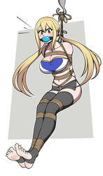 1girls arms_behind_back ball_gag big_breasts blonde_hair blue_ball_gag bondage bound bound_ankles bound_arms bound_legs breasts busty captured cleavage clothed crotch_rope fairy_tail feet female female_only femsub gag gagged hook jam-orbital kidnapped large_breasts long_hair looking_at_viewer lucy_heartfilia no_shoes restrained rope rope_bondage solo stirrup_socks suspended suspension suspension_bondage thighhighs tied tied_up toes twintails white_background