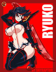 1girls big_breasts black_hair blue_eyes boots breasts covered_nipples full_body garter_straps grin hair_ornament hairclip high_heel_boots kill_la_kill large_breasts matoi_ryuuko microskirt multicolored_hair navel revealing_clothes scissor_blade senketsu short_hair skirt skyraptor smile streaked_hair suspenders thigh_high_boots thighs two_tone_hair underboob weapon weapon_over_shoulder