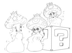 ?_block amputee armless big_breasts block blush breasts confusion crown ear_piercing ear_ring erect_nipples female fungus heart legless looking_at_viewer mario_(series) modeseven monochrome monster_girl_(genre) mushroom nintendo nipples nubless_amputee nude pattern piercing princess_daisy princess_peach princess_rosalina quadruple_amputee sad shaking simple_background sketch sparkles star super_mario_bros. transformation video_games white_background