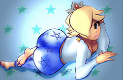 1girls ass big_ass bimbo blonde_hair blue_eyes breasts bubble_butt cleavage clothed clothing crown earrings edit favorite feet female female_only full_body hair_over_one_eye huge_ass human laying_down looking_at_viewer mario_(series) milf negarobo nintendo nude_request princess_rosalina simple_background solo super_mario_galaxy sweatpants